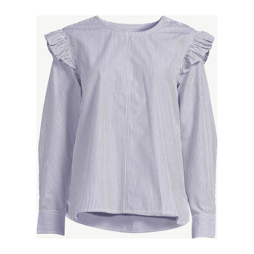 Free Assembly Blouse Blue White Striped Ruffle Shoulder Button 80s Preppy / SZ L